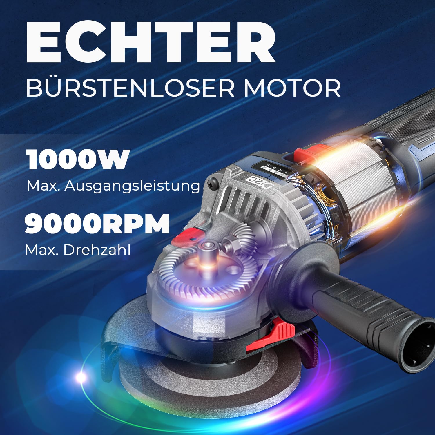 DongCheng Akku-Winkelschleifer 18V, Ø 125mm, 1000W, bürstenloser Motor, 3 Drehzahlstufen, Schnellspannschutz, Anti-Vibrationsgriff, inkl. 2 Schleif-, 2 Fächer-, 2 Trennscheiben, 4.0Ah Akku & Ladegerät