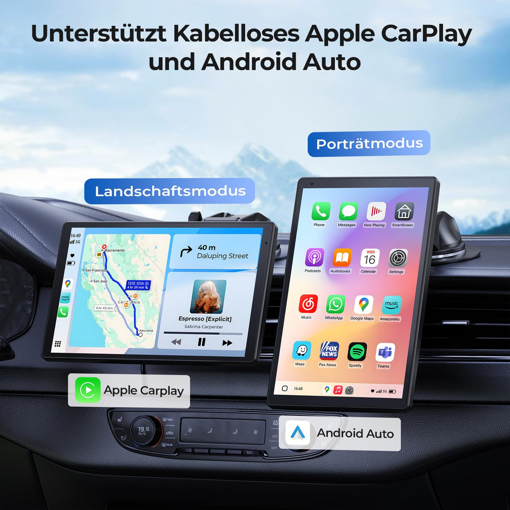 8'' Tragbares Carplay Display für Apple CarPlay & Android Auto, 1440x900 HD Display, Magnetische Halterung, OTA-Updates, Rückfahrkamera, Bluetooth, Sprachsteuerung, GPS-Navigation