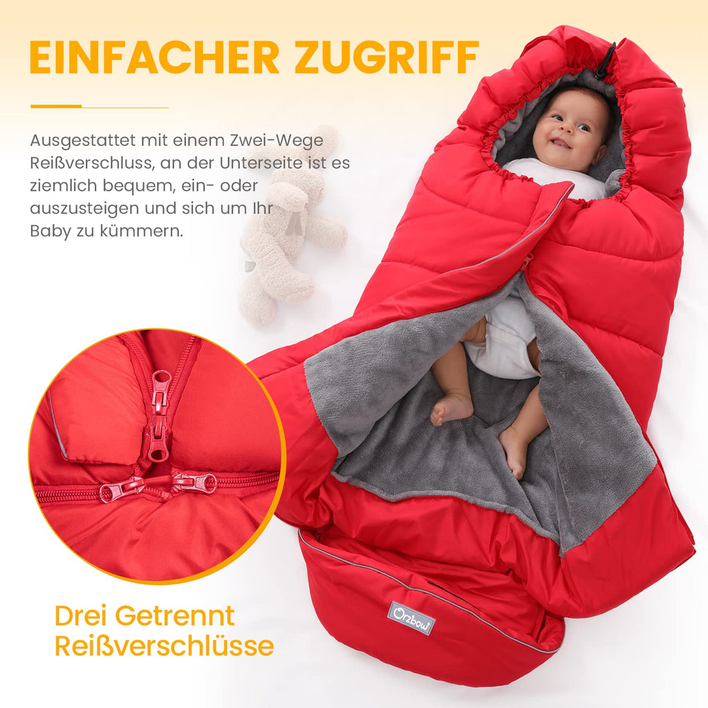 Orzbow Fußsack Kinderwagen Winter, Fußsack Buggy Fusssack Kinderwagen Baby Winter mit Wamres Korallen-Fleece, Reißverschluss, Anti-Rutschschutz & Reflektorstreifen, Universelle & Wasserdicht, Rot