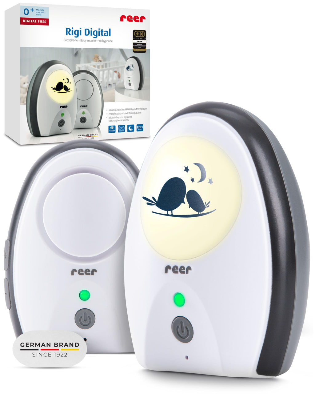 reer Rigi Digital Babyphone | 300 m Reichweite | Mit Nachtlicht und Gegensprechfunktion | VOX-Funktion | FHSS-Technologie | Akku- oder Netzbetrieb | Qualität vom Erfinder