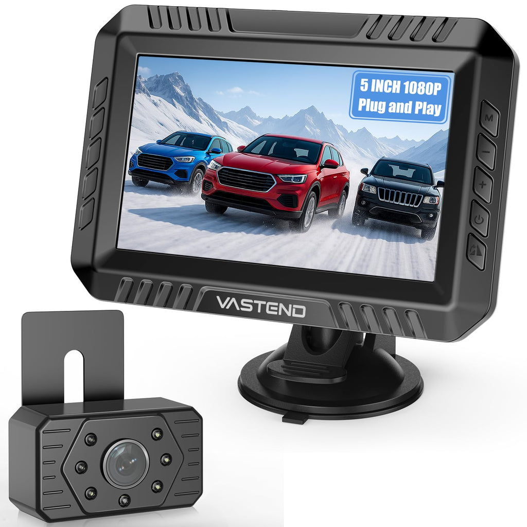 VASTEND Rückfahrkamera Kabellos 5“, 1080P Nachtsicht Monitor Auto Rückfahrkamera Funk, 150° Weitwinkel IP69 wasserdichte Kabelloses Rückfahrkameras System für Wohnwagen, LKW, PKW, SUV, Pickups(VE-5A)