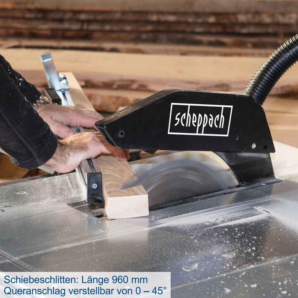 Scheppach Tischkreissäge TS310 | 230V Anschluss | 2200W Leistung | Sägeblatt Ø315mm | Schnitthöhe 83 mm | mit Tischverbreiterung, 2. Sägeblatt, Führungsschiene & Schiebeschlitten | schwenkbar bis 45°