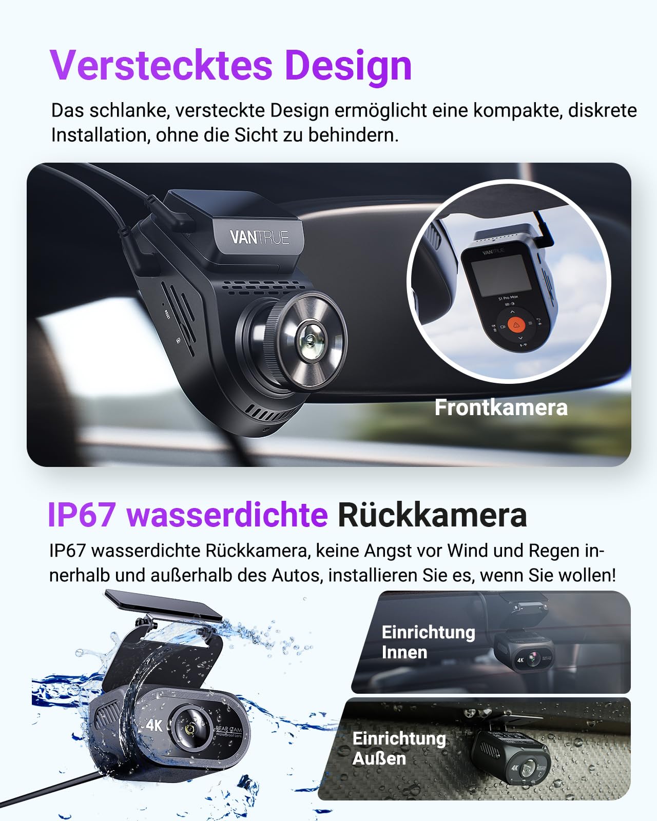 VANTRUE S1 PRO MAX 4K + 4K Dashcam Auto Vorne Hinten mit Dual STARVIS 2 Nachtsicht HDR, 24H Parkmodus Dash Cam, 5,8GHz WLAN GPS 360 Grad Auto Kamera, ADAS, LTE Optional, Sprachbefehl, 1TB Max