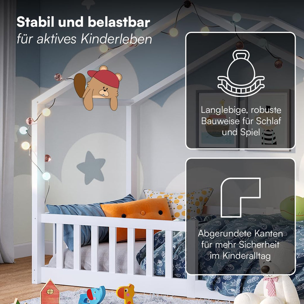 Bellabino Bia Kinderbett 90x200 cm – Bodenbett mit Rausfallschutz & Lattenrost – Hausbett aus Massivholz Kiefer – Montessori Kinder Bett in Weiß für Jungen und Mädchen