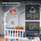 Bellabino Bia Kinderbett 90x200 cm – Bodenbett mit Rausfallschutz & Lattenrost – Hausbett aus Massivholz Kiefer – Montessori Kinder Bett in Weiß für Jungen und Mädchen