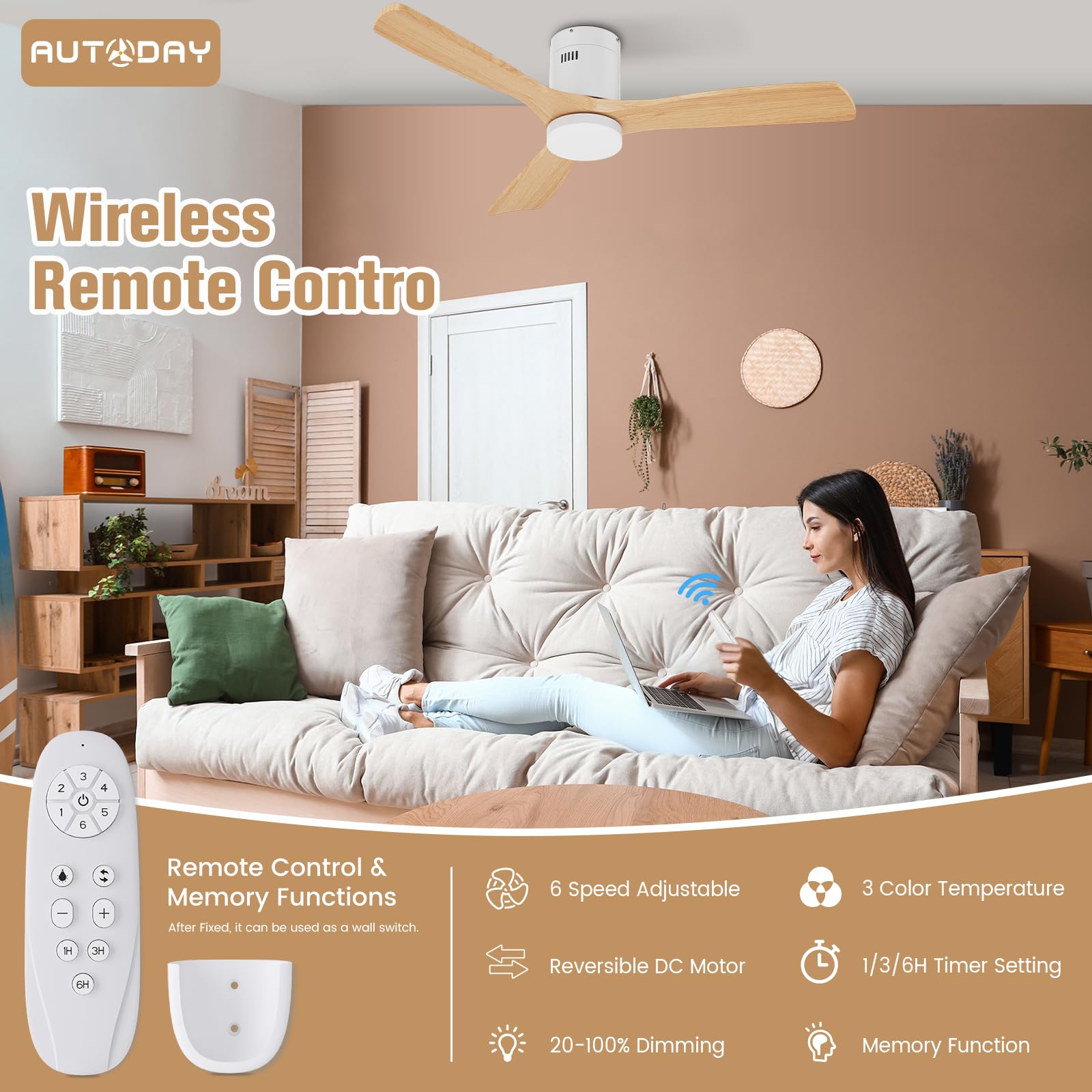AUTODAY Holz Deckenventilator mit Beleuchtung dimmbarem LED 24W Leiser DC-Motor 38W 132 cm hölzern Deckenventilator mit licht Fernbedienung mit Memory-Funktion 6 Geschwindigkeiten 1/3/6H Timer