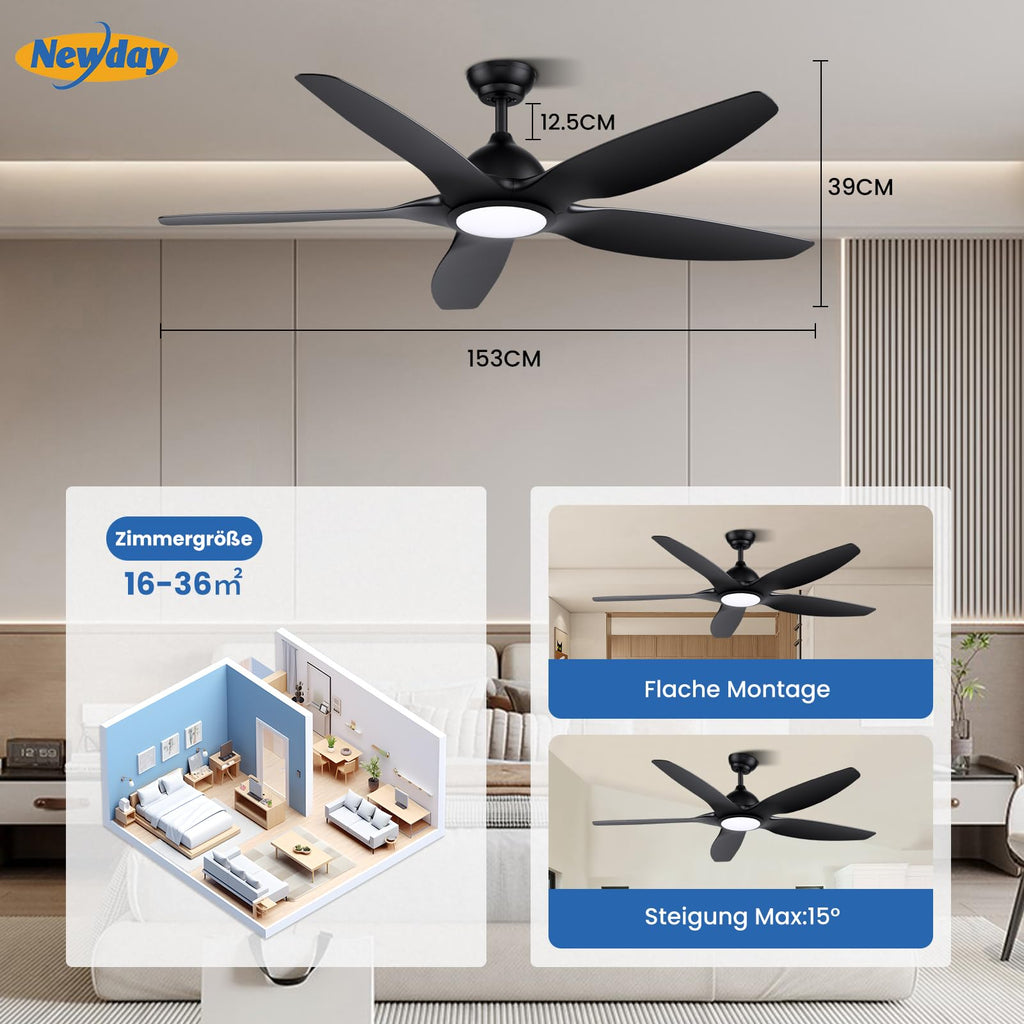 Newday Deckenventilatoren Große 153CM, Deckenventilator Schwarz mit Beleuchtung und Fernbedienung Leise, Ventilator mit Licht, 5 Flügel, Motor DC Reversibel, Stufenloser Dimmer, Zeitgeber für wohnraum