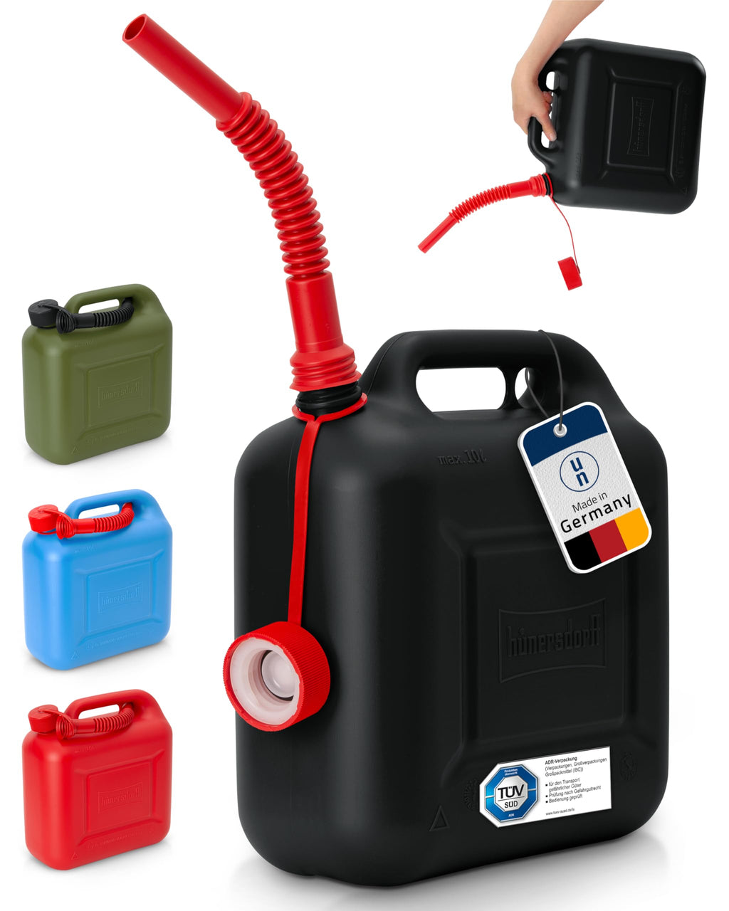 hünersdorff Kraftstoff-Kanister 812800 STANDARD 10l für Benzin, Diesel und andere Gefahrgüter, UN-Zulassung, made in Germany, TÜV-geprüfter Produktion, schwarz
