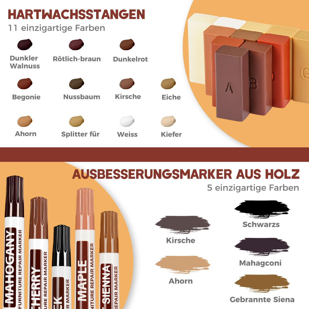 NYBQ Laminat Reparaturset, 24 Stück Holz Parkett Reparaturset Neuem Upgrade-Schmelzwerkzeug, 11 Farben Hartwachs für Holzkitt Vinylboden Holzböden Möbel Arbeitsplattet Reparatur set