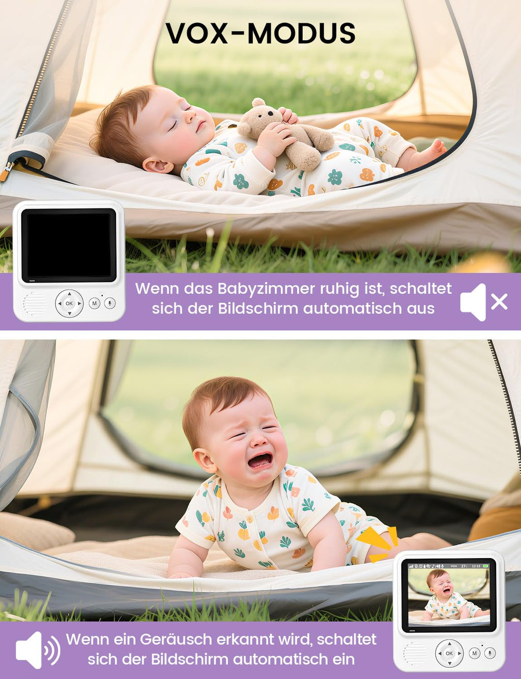 OBVHNUA Babyphone mit Kamera 720p IPS Video Babyphone 2,8" mit 2000mAh Akku Digitalzoom VOX Modus Zwei-Wege-Audio Nachtsicht Temperaturüberwachung Schlaflied Wecker