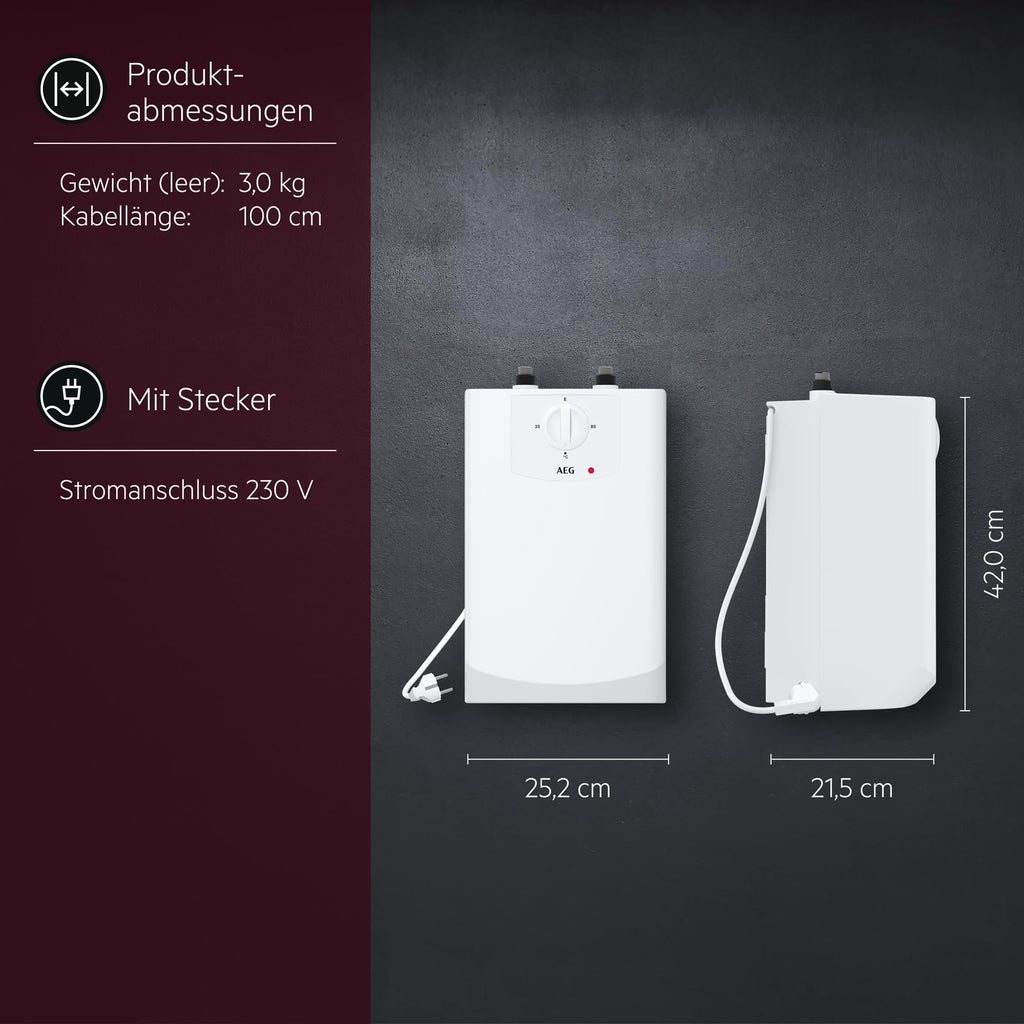 AEG Boiler BOI 5 U, Untertischboiler 5 Liter Niederdruck mit Stecker 230V für Küchenspüle + Wachbecken, 2 kW, Made in Germany, 204616
