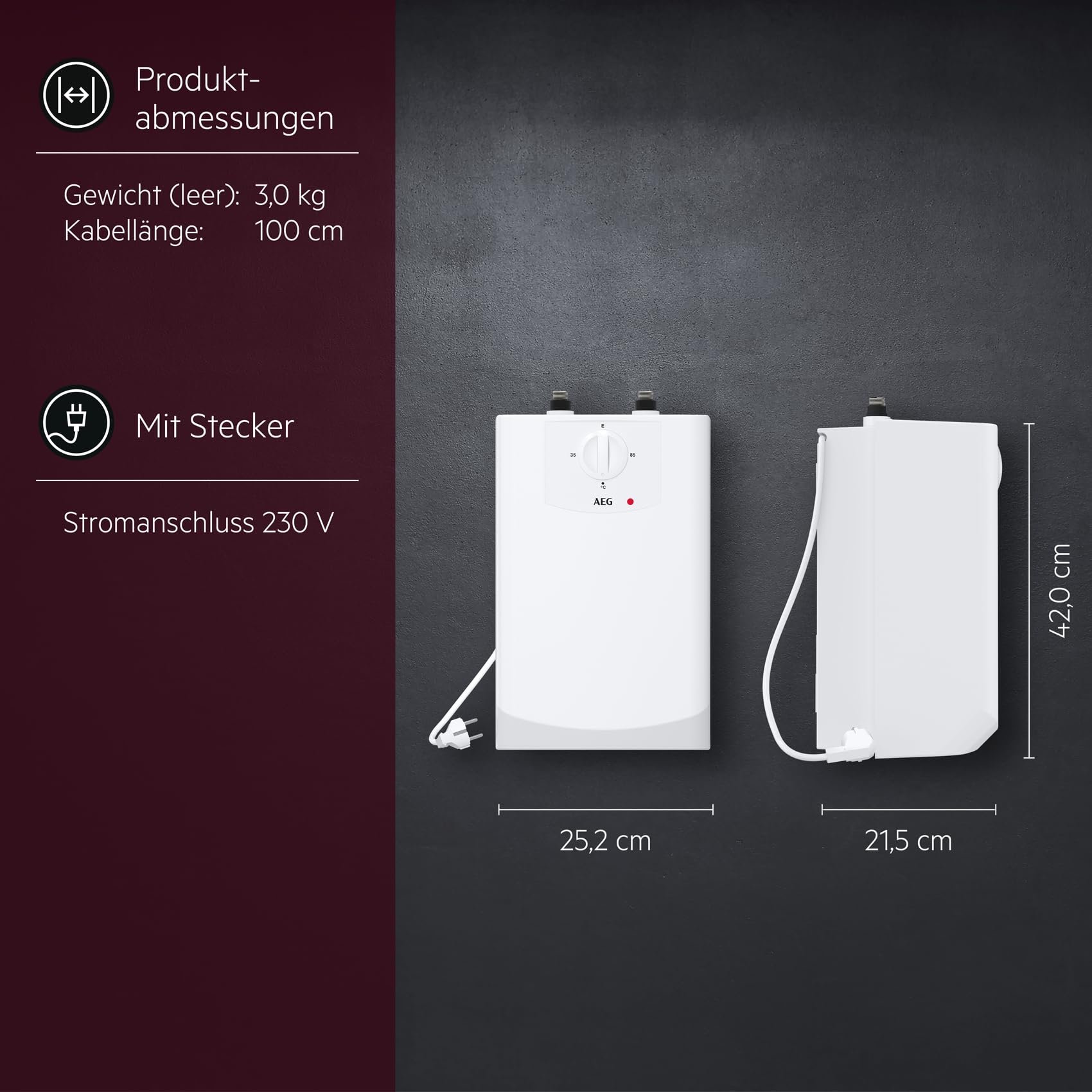 AEG Boiler BOI 5 U, Untertischboiler 5 Liter Niederdruck mit Stecker 230V für Küchenspüle + Wachbecken, 2 kW, Made in Germany, 204616