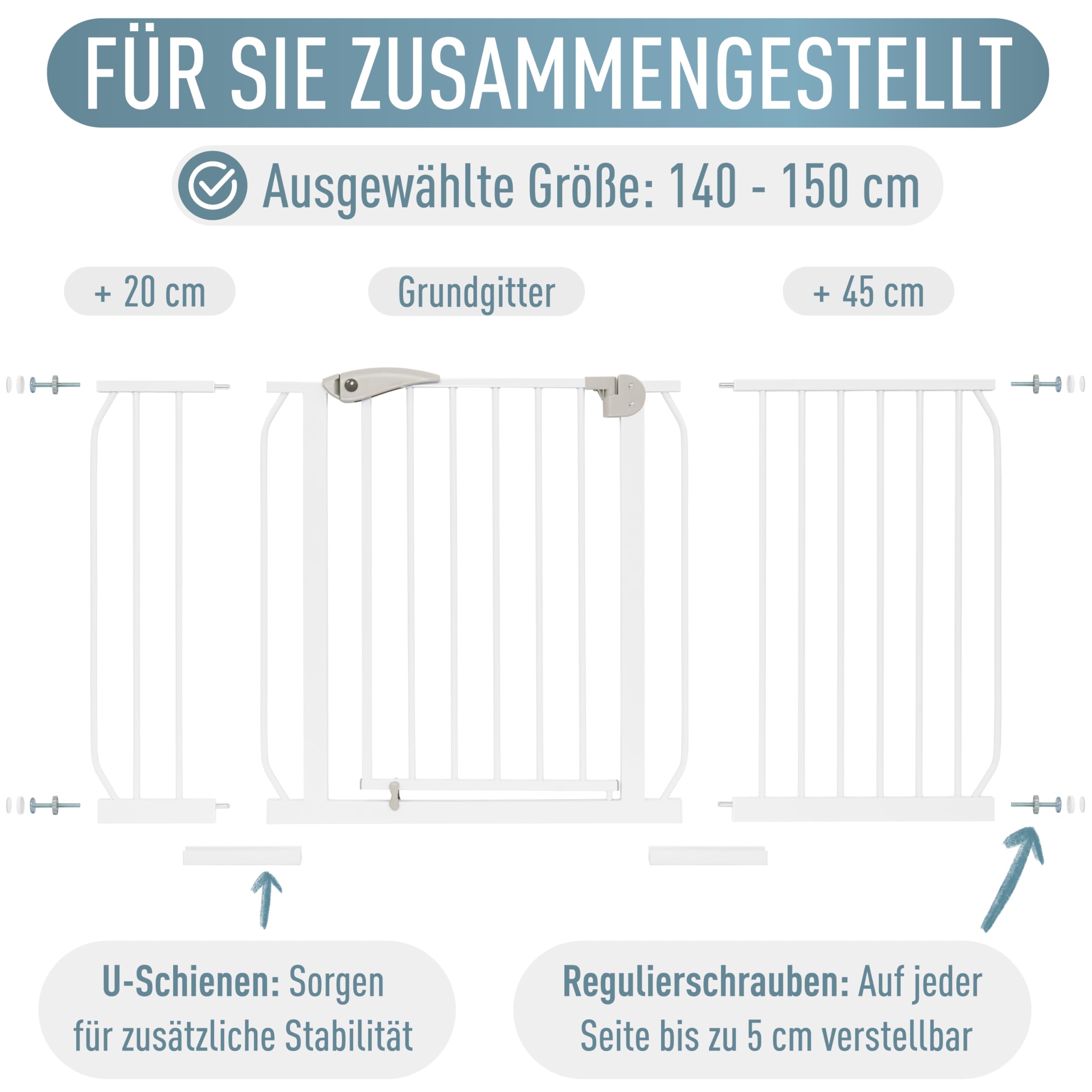 IB STYLE Treppenschutzgitter für Babys Berrin - Türschutzgitter, Schutzgitter zum Klemmen, Für breite Öffnungen, Ohne Bohren, Weiß, 140-150 cm