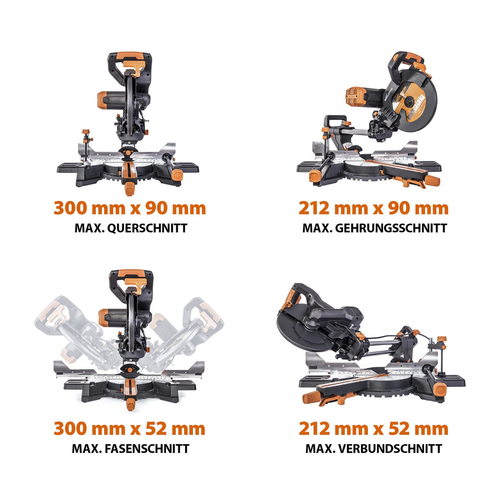 Evolution Doppelgehrungssäge Schiebe-Kapp- und Gehrungssäge R255SMS-DB+ | 2000 W, 300 mm Gleitfunktionalität, Schrägschnitt, Gehrungswinkeln | Ø 255 mm HM / TCT Sägeblatt für Multimaterialschnitt