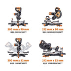Evolution Doppelgehrungssäge Schiebe-Kapp- und Gehrungssäge R255SMS-DB+ | 2000 W, 300 mm Gleitfunktionalität, Schrägschnitt, Gehrungswinkeln | Ø 255 mm HM / TCT Sägeblatt für Multimaterialschnitt