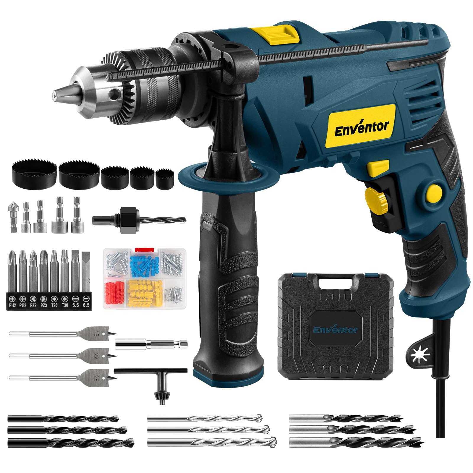 ENVENTOR 900W Schlagbohrmaschine, Elektrische Bohrmaschine mit 36 Stück Zubehör, 2-in-1 Funktion, 0–3000 RPM, 360° Zusatzgriff, 13mm Bohrfutter, für Beton, Metall und Holz