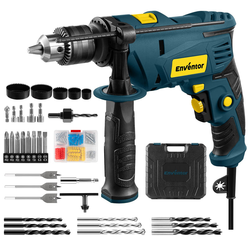 ENVENTOR 900W Schlagbohrmaschine, Elektrische Bohrmaschine mit 36 Stück Zubehör, 2-in-1 Funktion, 0–3000 RPM, 360° Zusatzgriff, 13mm Bohrfutter, für Beton, Metall und Holz
