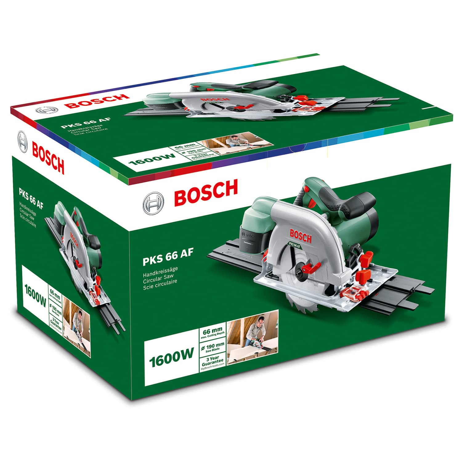 Bosch Kreissäge PKS 66 AF (Präzises Sägen in Holz, 1600 Watt; max. Schnitttiefe 66 mm; 3 tlg. Führungsschienenset)