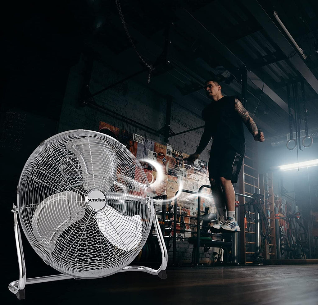 Senelux Bodenventilator – Fitnessstudio-Ventilator aus Chrom – 16-Zoll-elektrischer tragbarer Kühlventilator für den Heim-/Fitnessraum-/Bürogebrauch – 3 Geschwindigkeitseinstellungen mit Kippfunktion