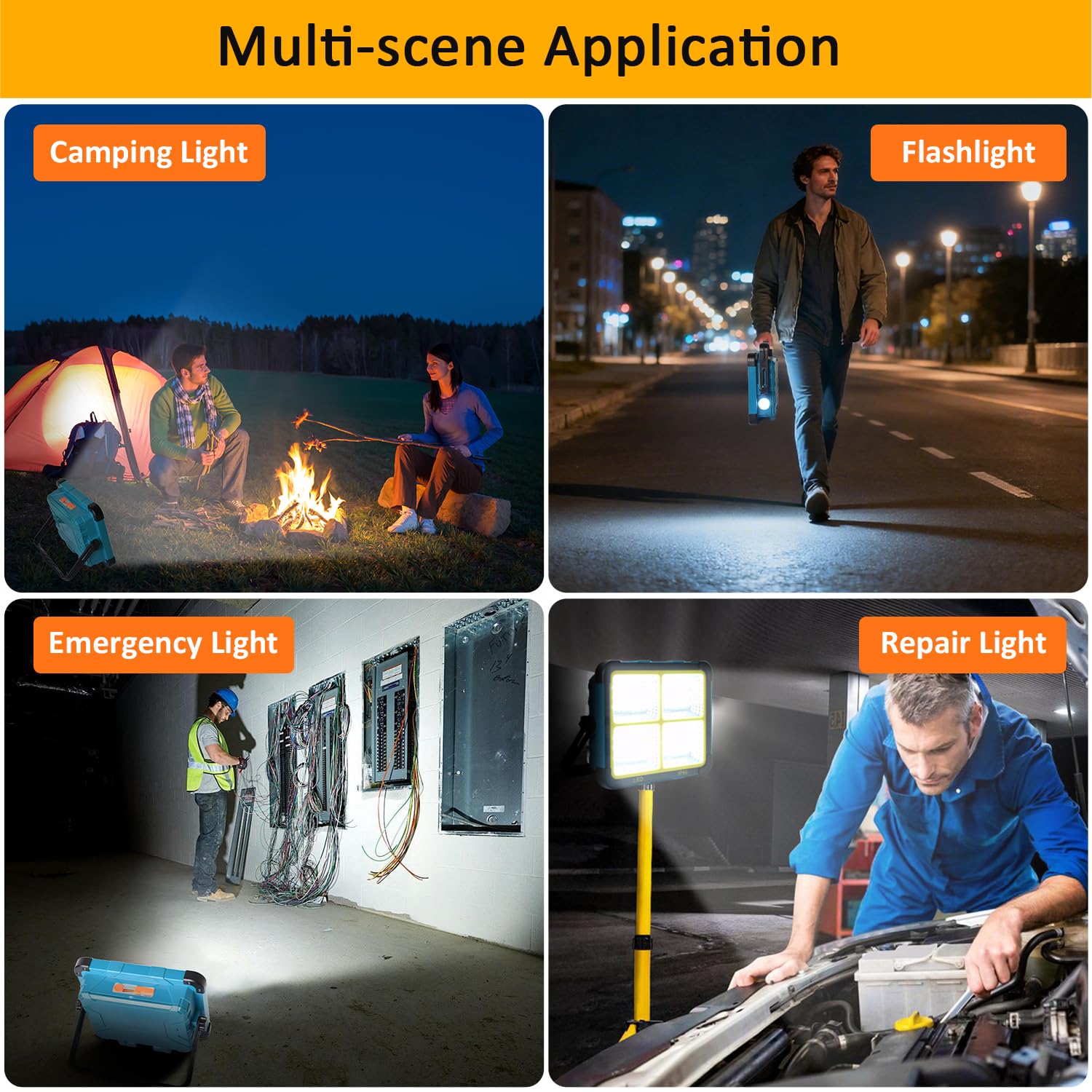 Eraylife LED Baustrahler Akku 100W mit Doppeltem Solarpanel, Tragbare LED Strahler Akku 12000mAh, 5 Modi/ 288 LEDs/ IP66/ Abstimmbar Arbeitsleuchte für Notfälle, Baustelle, Garage, Camping