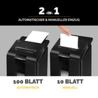 Fellowes Aktenvernichter Autofeed, 100 Blatt Minicut (P4), Papierschredder Hybrid mit automatischem und manuellem Einzug für Büro, AutoMax 100M Schredder, sehr leiser Aktenvernichter, 23L Papierkorb