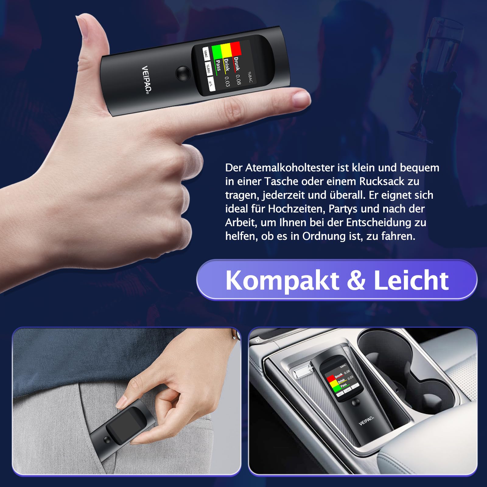 Alkoholtester Polizeigenau Alkoholtest Promillemessgerät: Tragbarer Alcohol Tester Promilletester mit 11 Mundstücken - Digitaler Alkotester Hohe Genauigkeit für Persönlichen Gebrauch Sensor - Schwarz