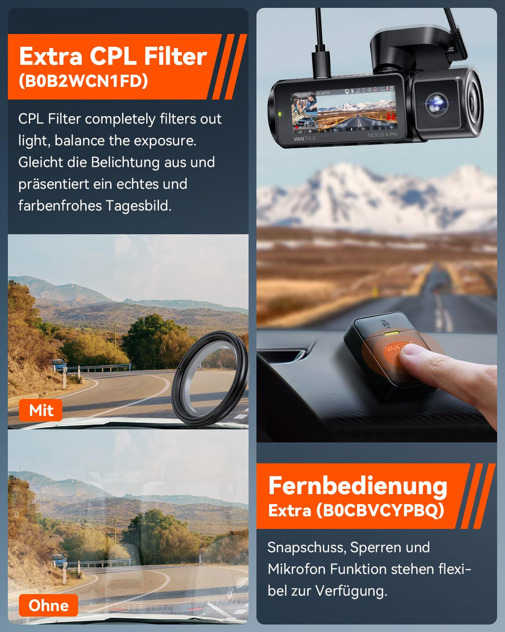 VANTRUE N4 Pro 3 HDR 4K+ 1080P+ 1080P STARVIS 2 Dashcam Auto, 5G WiFi PlatePix™ Dash Cam GPS 360° Puffer Parküberwachung Auto Kamera, IR Nachtsicht, Sprachbefehl, Privatsphäremodi, 2.45” 1TB Max