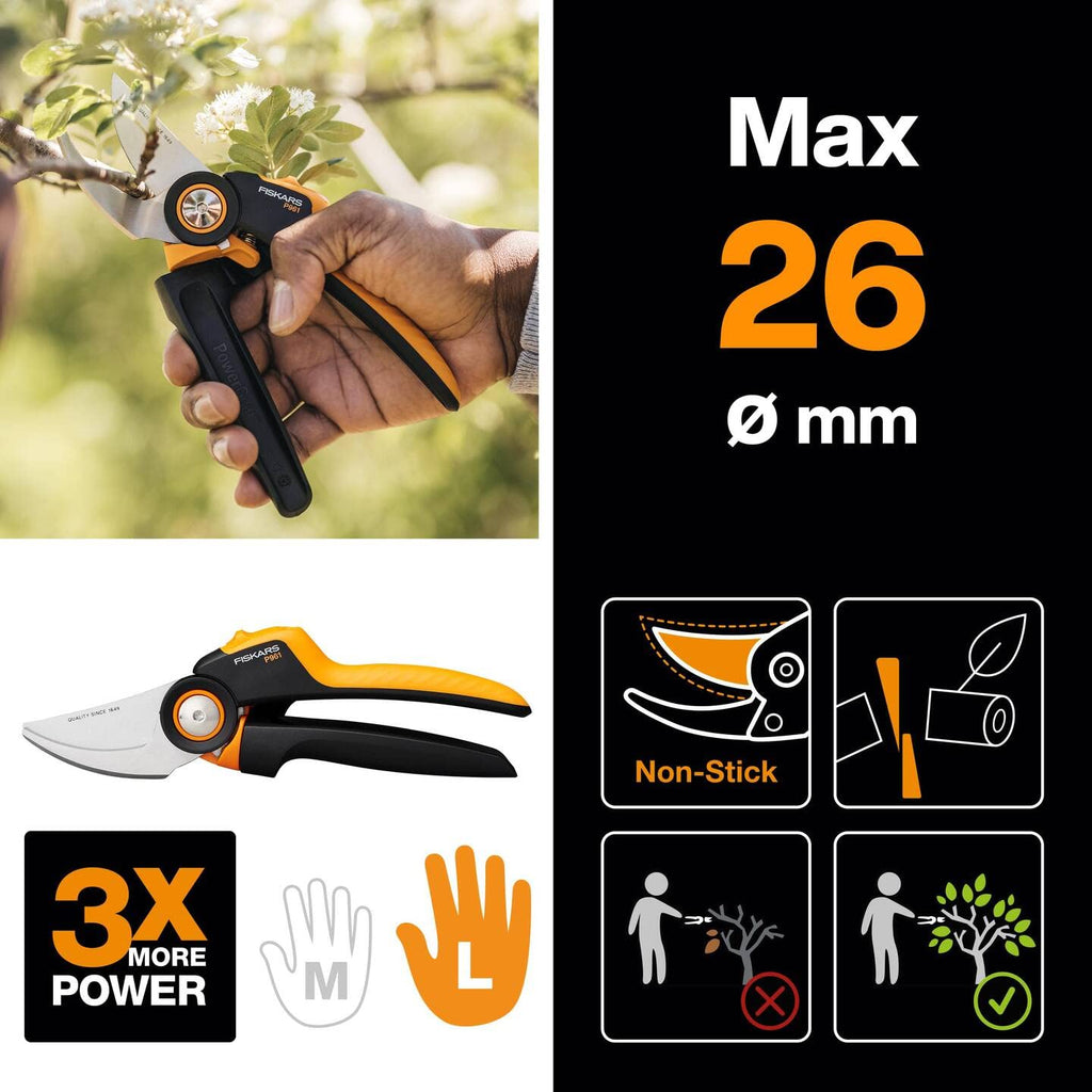 Fiskars Bypass-Gartenschere L, X-series PowerGear, P961, Mit Rollgriff, Für frische Äste und Zweige, Antihaftbeschichtet, Edelstahl-Klingen, Länge: 22,2 cm, Schwarz/Orange, 1057175