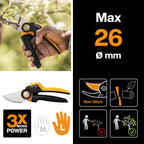 Fiskars Bypass-Gartenschere L, X-series PowerGear, P961, Mit Rollgriff, Für frische Äste und Zweige, Antihaftbeschichtet, Edelstahl-Klingen, Länge: 22,2 cm, Schwarz/Orange, 1057175