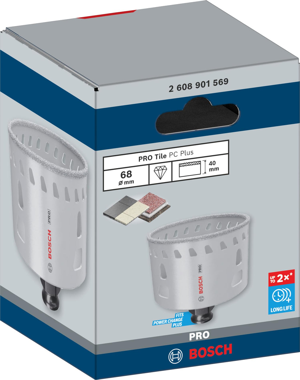 Bosch 1x PRO Tile Power Change Plus Lochsäge (für Harte Fliesen, Weiche Fliesen, Ø 68 mm, Professional Zubehör Bohrmaschine)