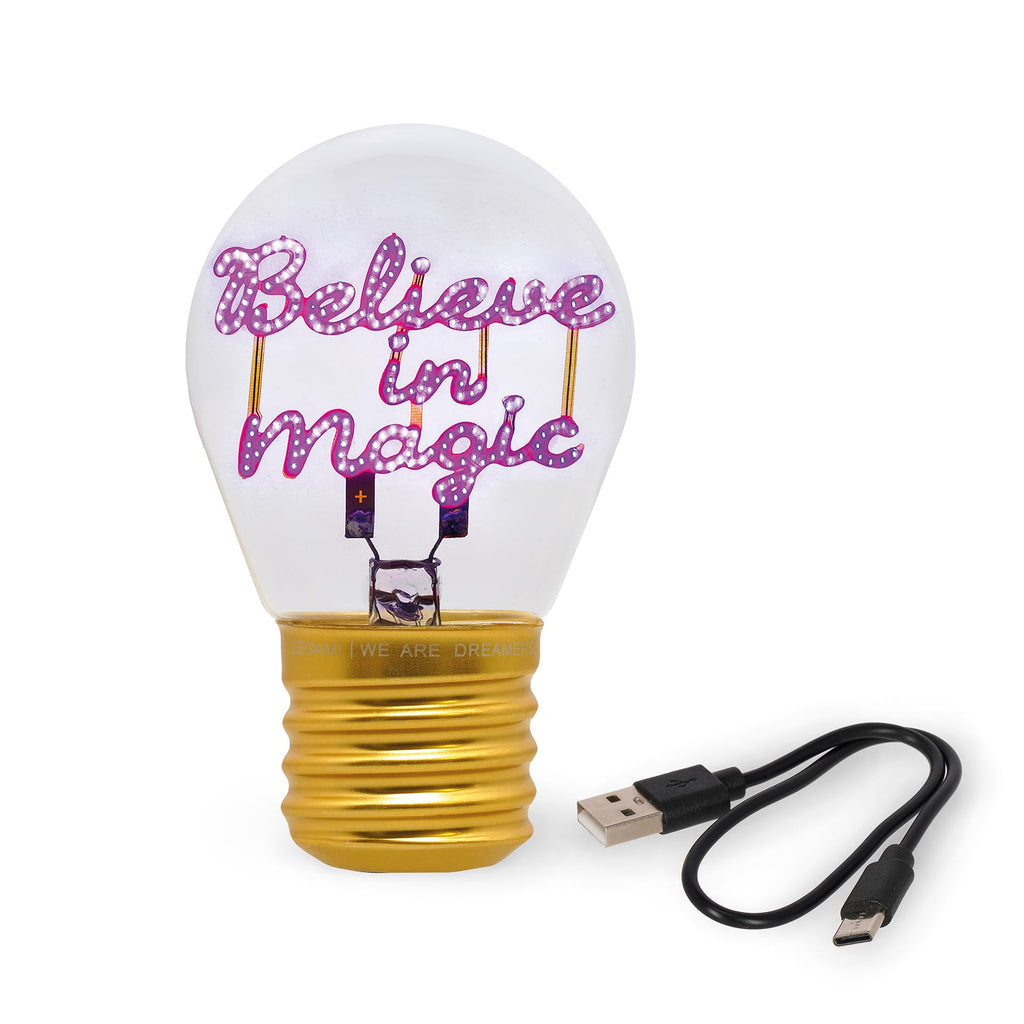 Legami - Glühbirnenförmige Tischlampe, wiederaufladbar mit USB Kabel, kabellos, Glühbirnen Fiktion, Believe in Magic Thema, 6,8 x 10,3 cm