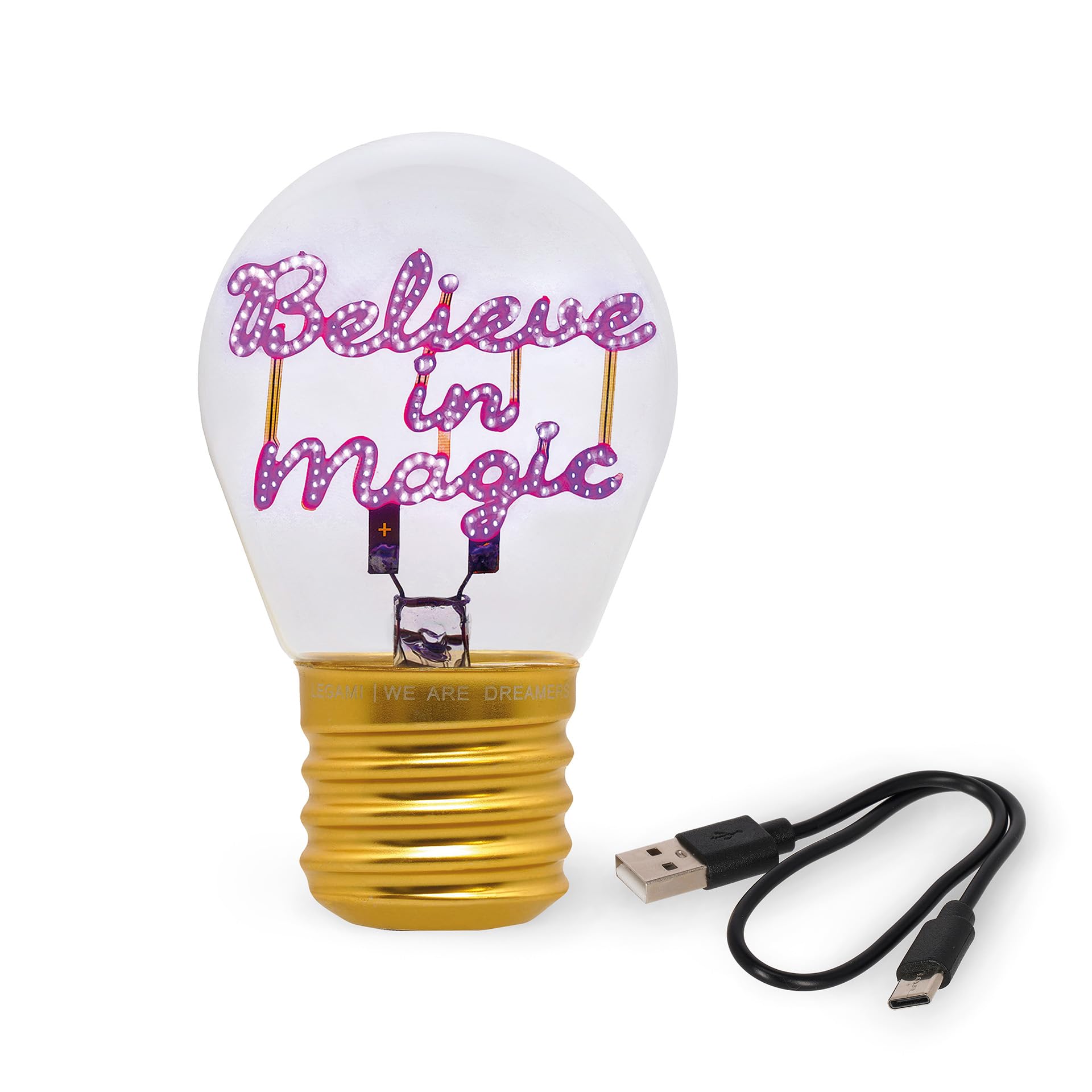 Legami - Glühbirnenförmige Tischlampe, wiederaufladbar mit USB Kabel, kabellos, Glühbirnen Fiktion, Believe in Magic Thema, 6,8 x 10,3 cm