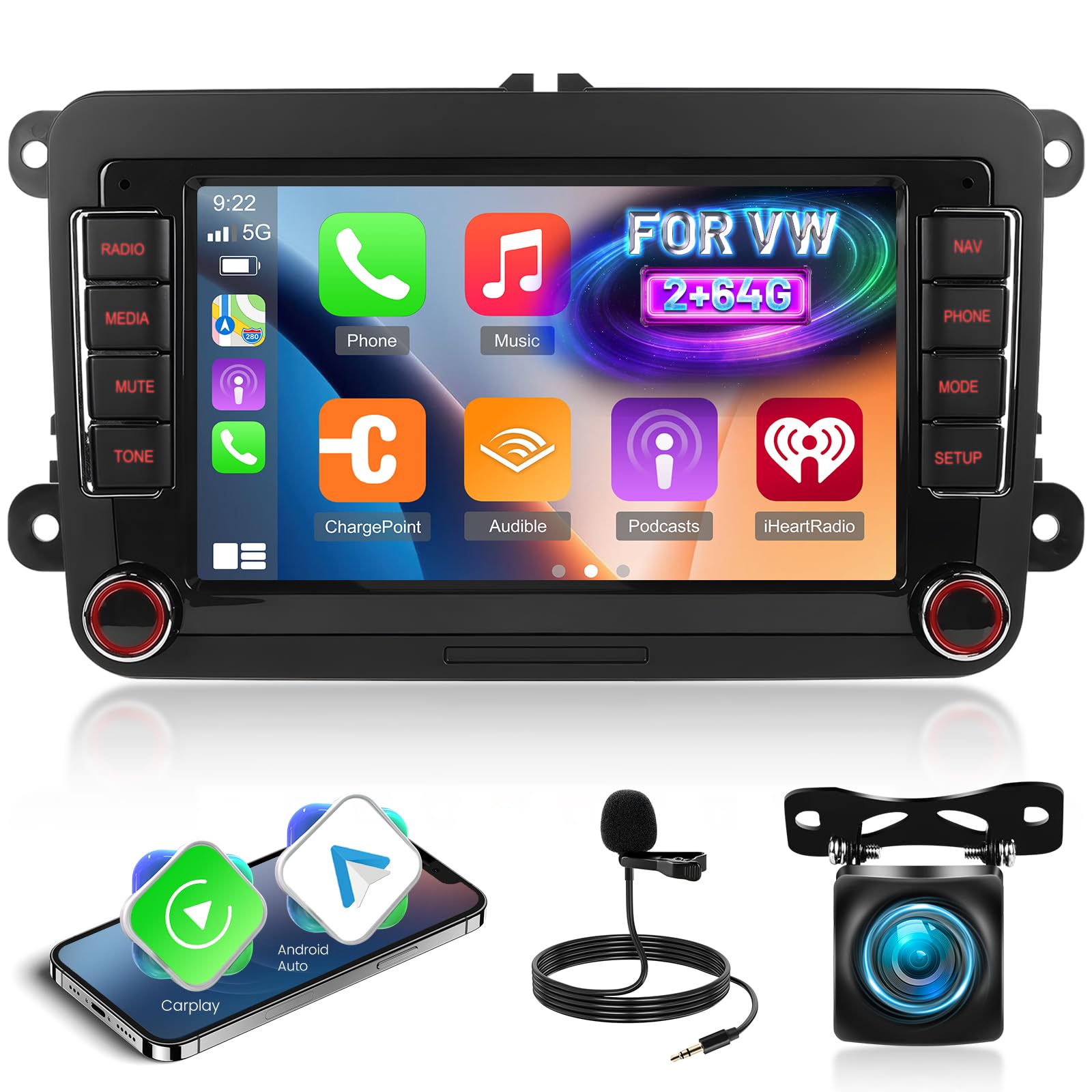 NHOPEEW 7 Zoll 2 + 64G Android Autoradio für VW Passat b6 b7 Golf 5 6 Jetta T5 EOS Polo Touran Seat Sharan - Unterstützung Drahtlos Carplay & Android Auto WiFi GPS FM RDS Mirror Link + Rückfahrkamera