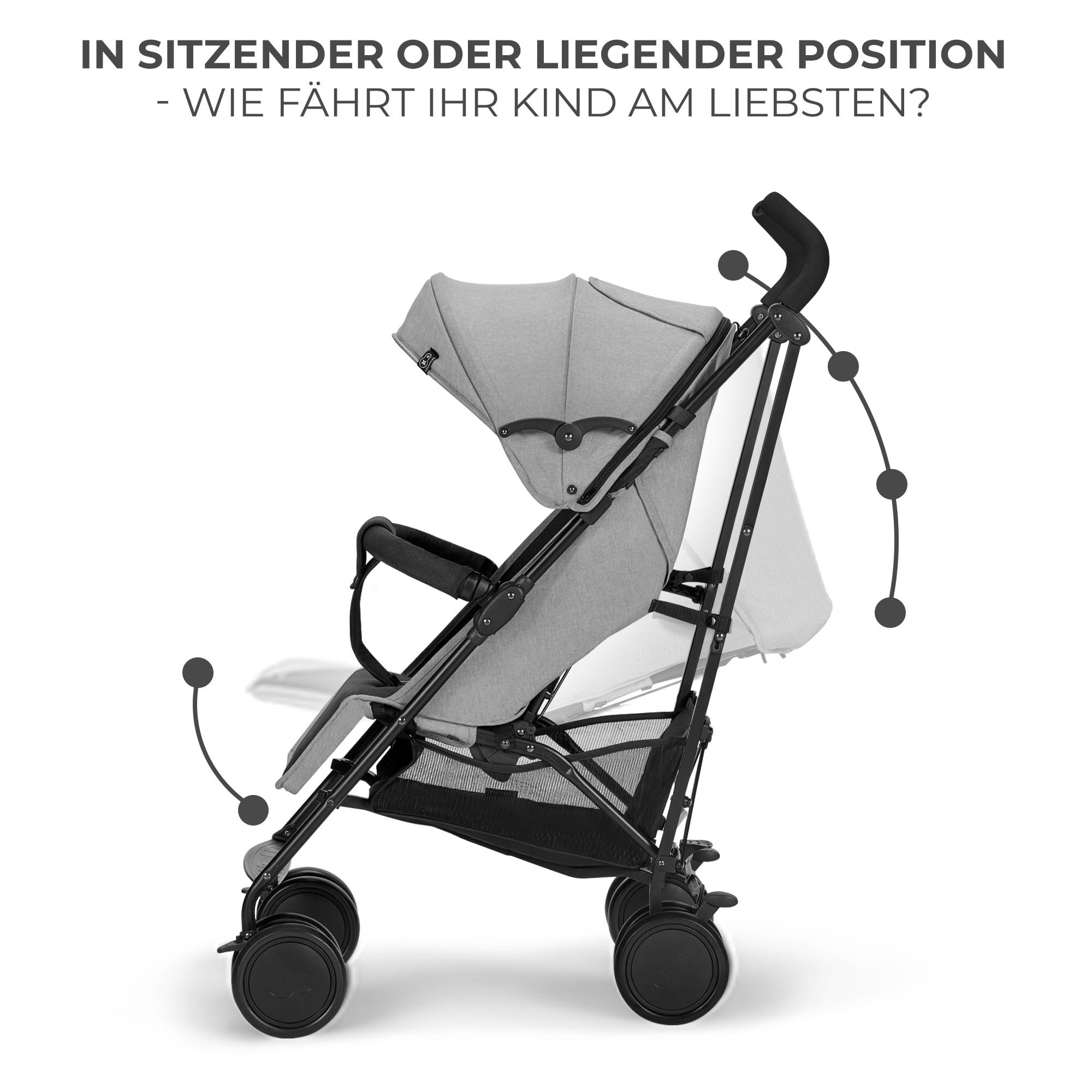 Kinderkraft Kinderwagen SIESTA, Leichte Reise Buggy, Verstellbare Rückenlehne, Liegeposition, Kleine Maße nach Zusammenklappen, Vergrößerbares Verdeck, Für ältere Kinder, bis 22 kg, Grau