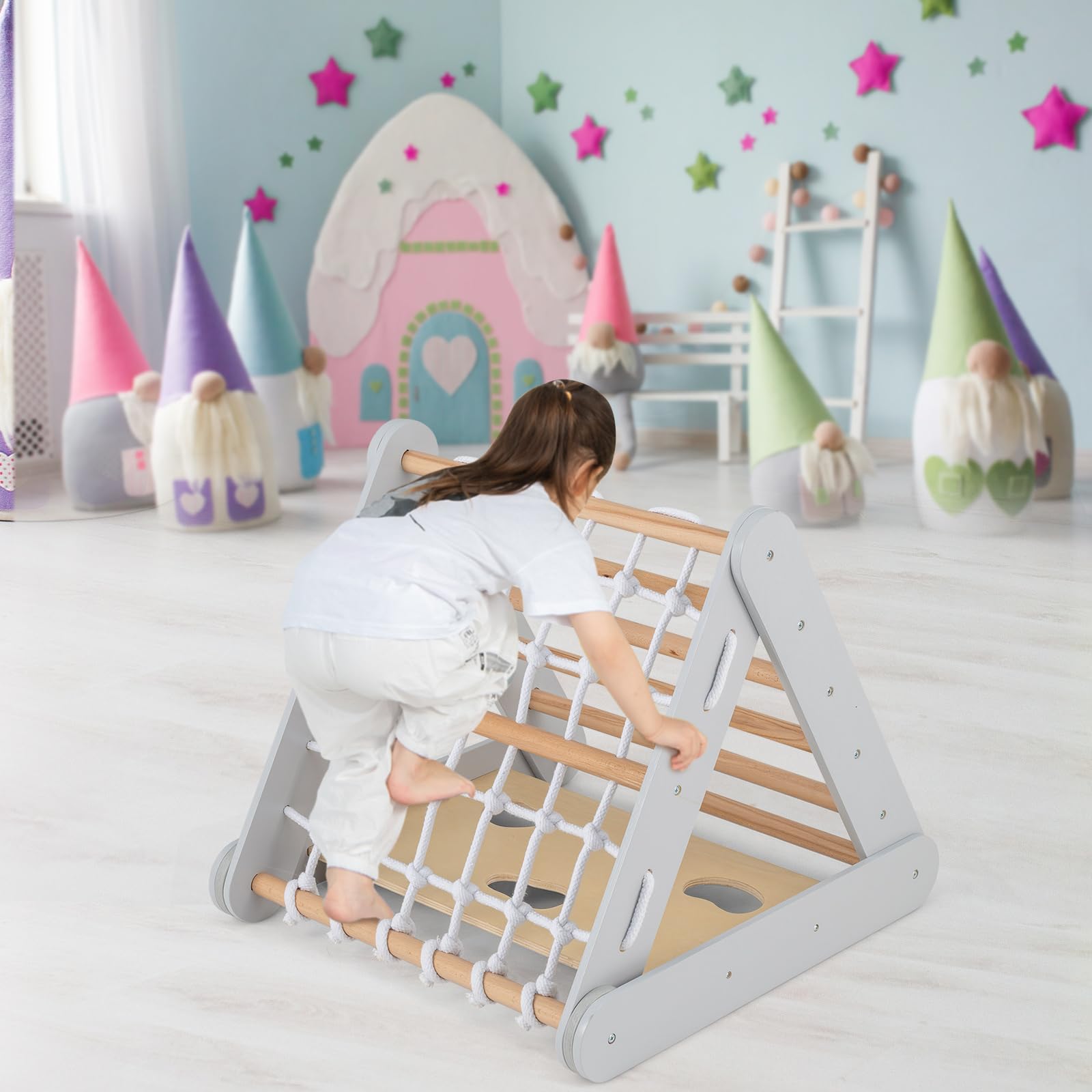 COSTWAY 4 in 1 Kletterdreieck mit Rutsche, Klettergerüst aus Holz, Sprossendreieck zum Rutschen und Klettern, für Kinder ab 1 Jahre (Grau)