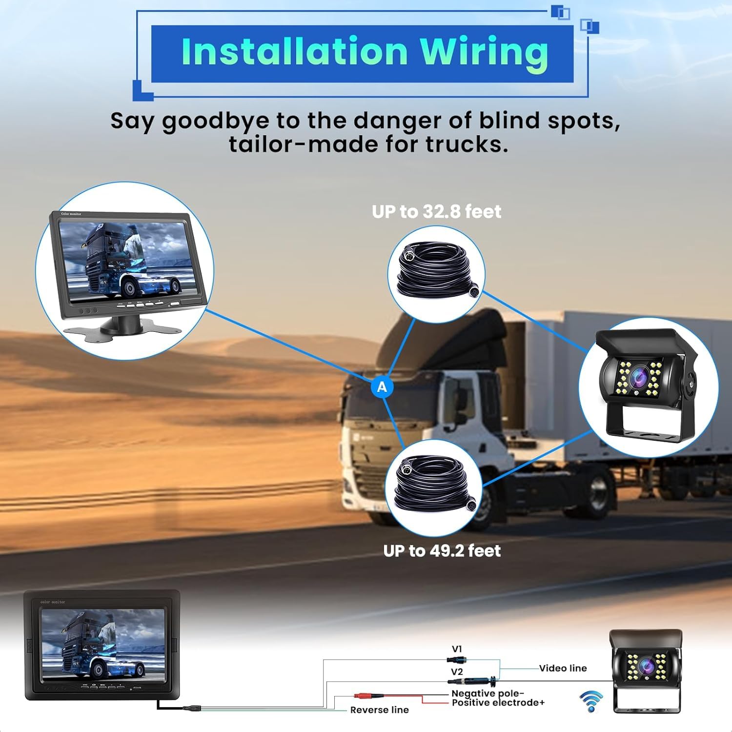 Hikity Rückfahrkamera 2 Kameras Set, 7 Zoll LCD Monitor, Wasserdichtes Rückfahrkamera Nachrüsten Set mit 15M/10M Kabel für Auto LKW Wohnmobil Lieferwagen Anhänger 12V-24V
