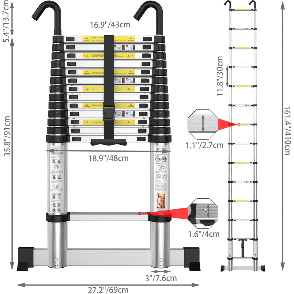 gymount Aluminium Teleskopleiter 4,1 m, Leiter Ausziehbar mit Stabilisator und Abnehmbaren Haken, Klappleiter, Mehrzweckleiter, Stehleiter, Haushaltsleiter, Außenleiter, 150 kg Belastbarkeit