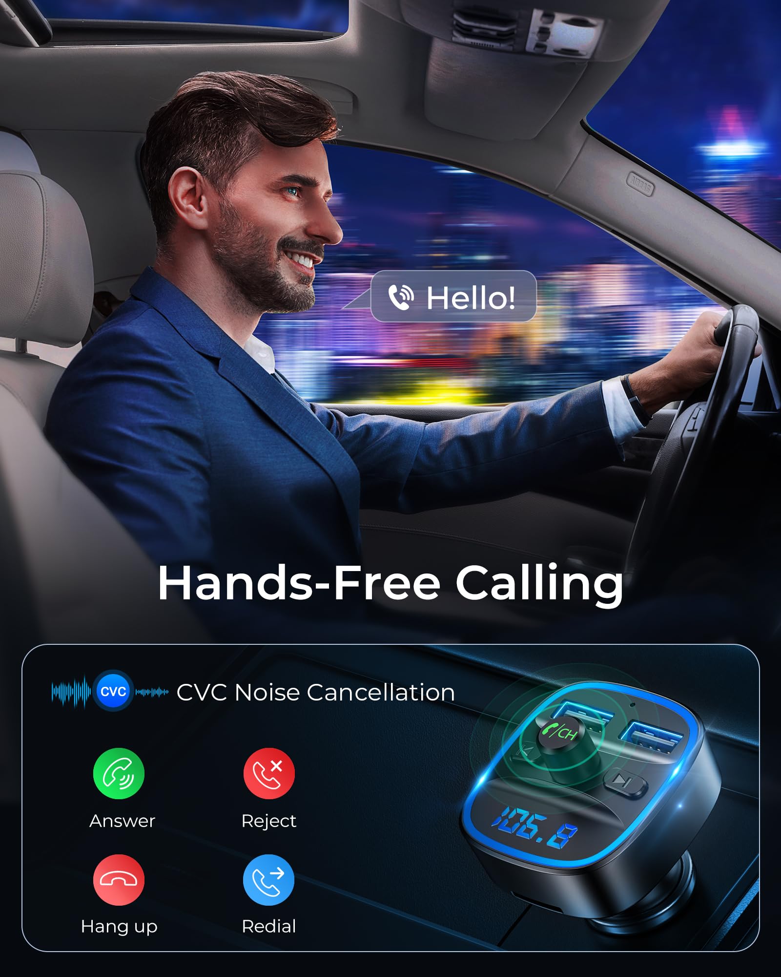 LENCENT Bluetooth FM Transmitter Auto, Musik Adapter für Auto Radio, KFZ Bluetooth Zigarettenanzünder Freisprechanlage, 2 USB Ports, Unterstützt SD-Karte USB-Sticks