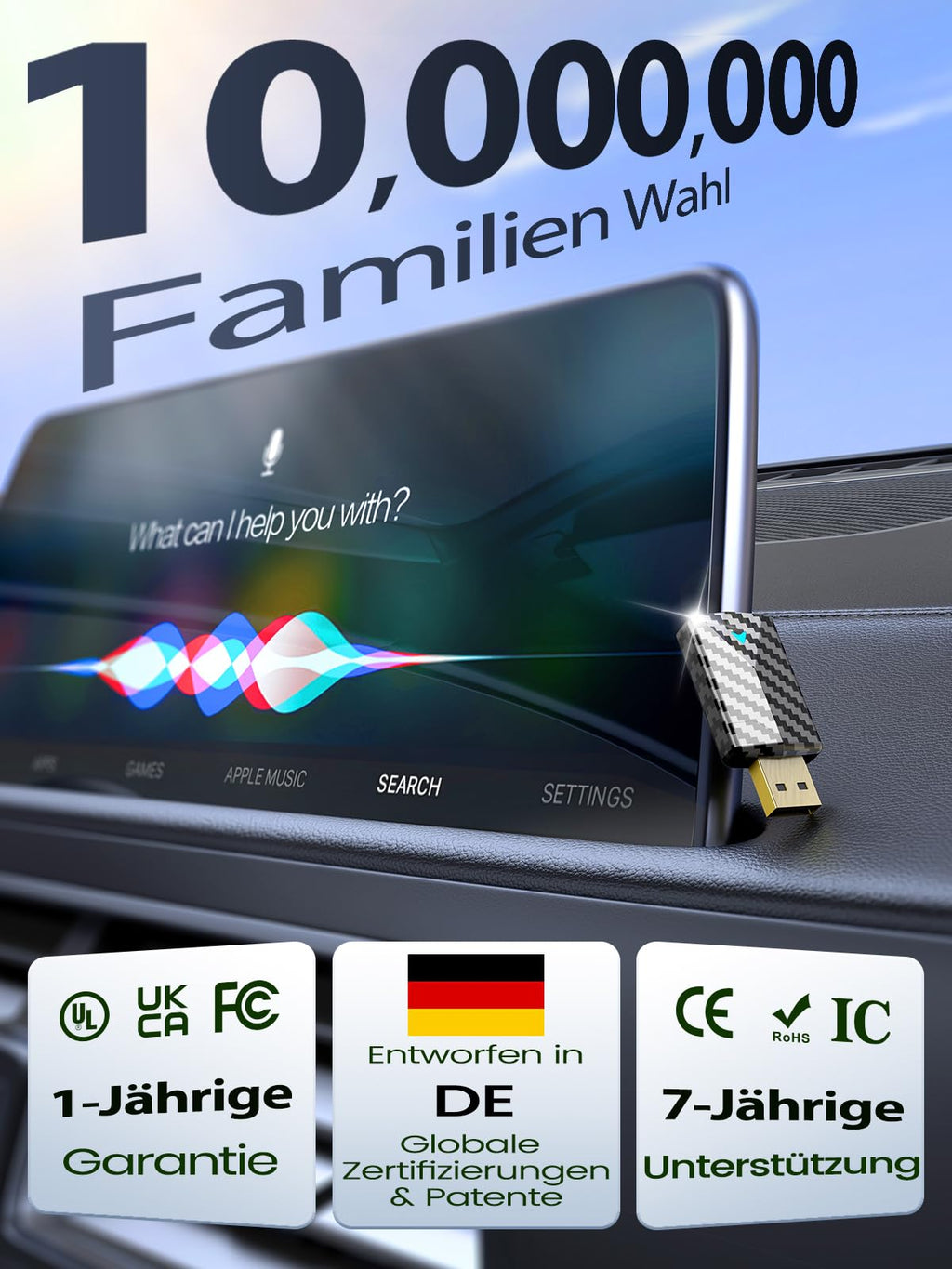CODONOVA CarPlay Wireless Adapter – 2026 Pro Mini Android Auto Adapter, Plug & Play über USB-A/USB-C-Anschluss, Stabil & Kompakt, Kompatibel mit Autos ab 2016, iOS 10+ & Android 10+ (Kohlefaser)