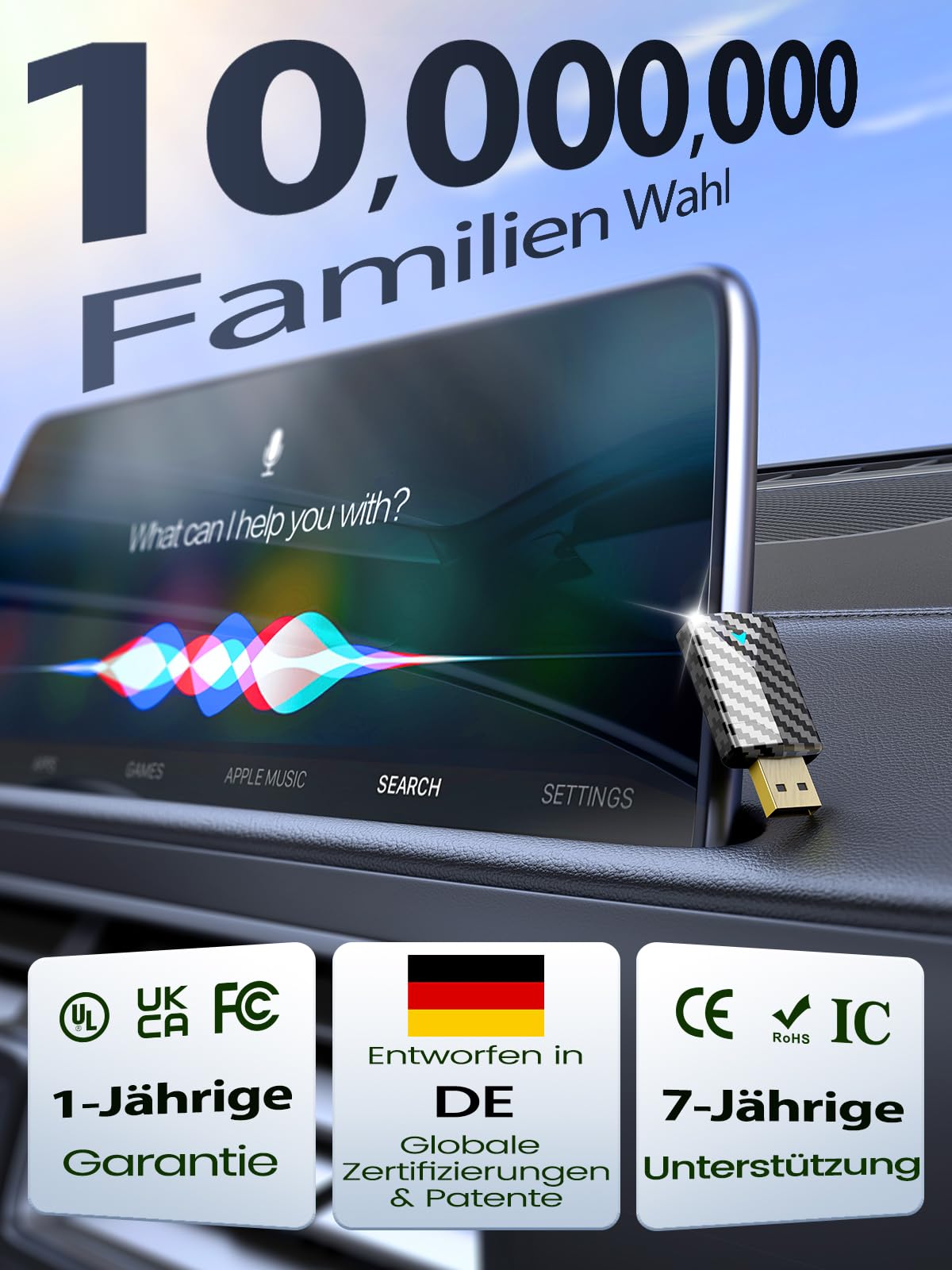 CODONOVA CarPlay Wireless Adapter – 2026 Pro Mini Android Auto Adapter, Plug & Play über USB-A/USB-C-Anschluss, Stabil & Kompakt, Kompatibel mit Autos ab 2016, iOS 10+ & Android 10+ (Kohlefaser)