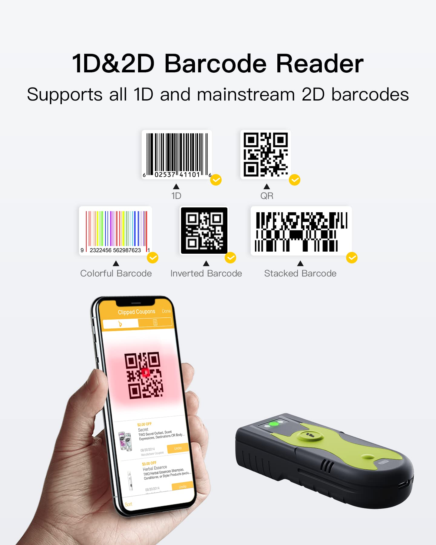 Inateck Barcode Scanner Bluetooth 2D mit 2,4Ghz USB Adapter, liest Barcodes von Bildschirmen, Exklusive Schnelltasten, BCST-42