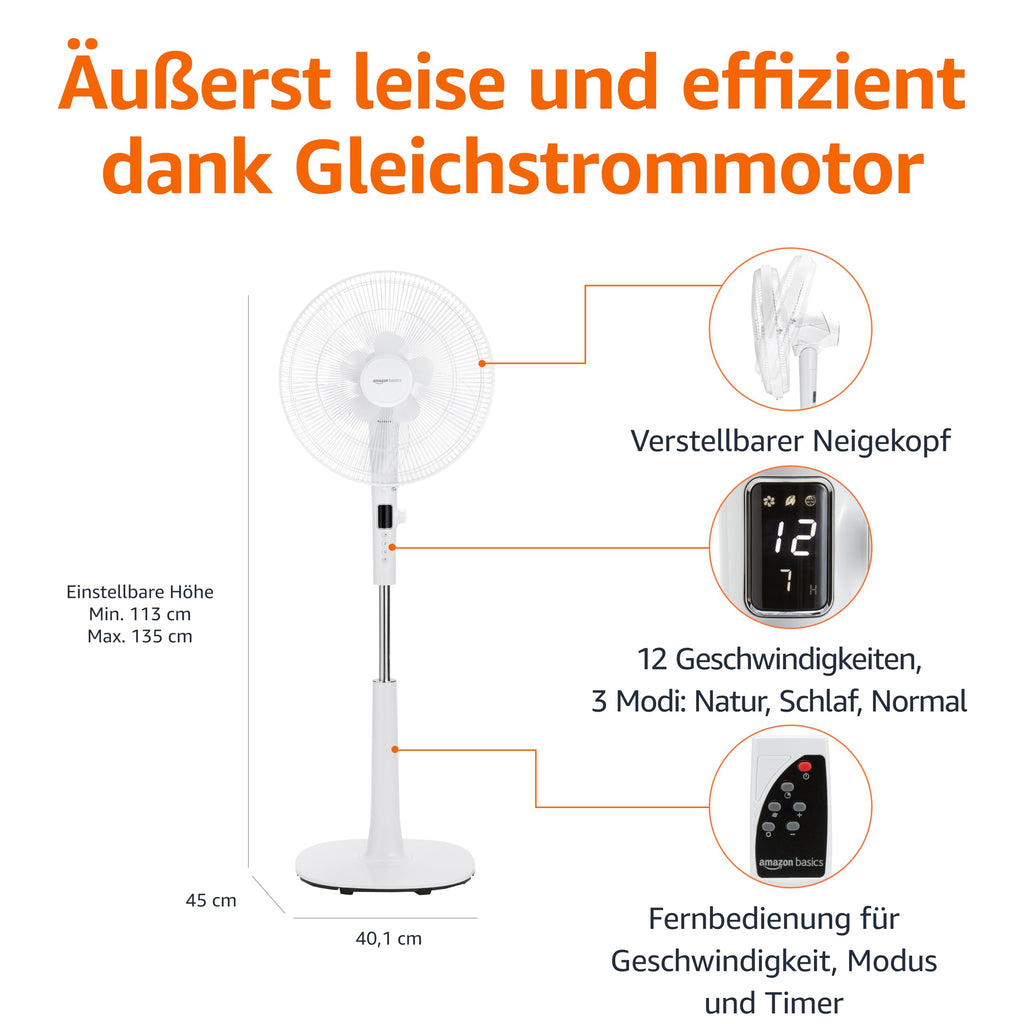 Amazon Basics Standventilator 40 cm mit DC-Motor, 12 Geschwindigkeiten und Fernbedienung, 3 Windmodi, Doppelschicht-Rotorblätter, Timer, Energieeffizient und Leiser DC-Motor (28W), Weiß