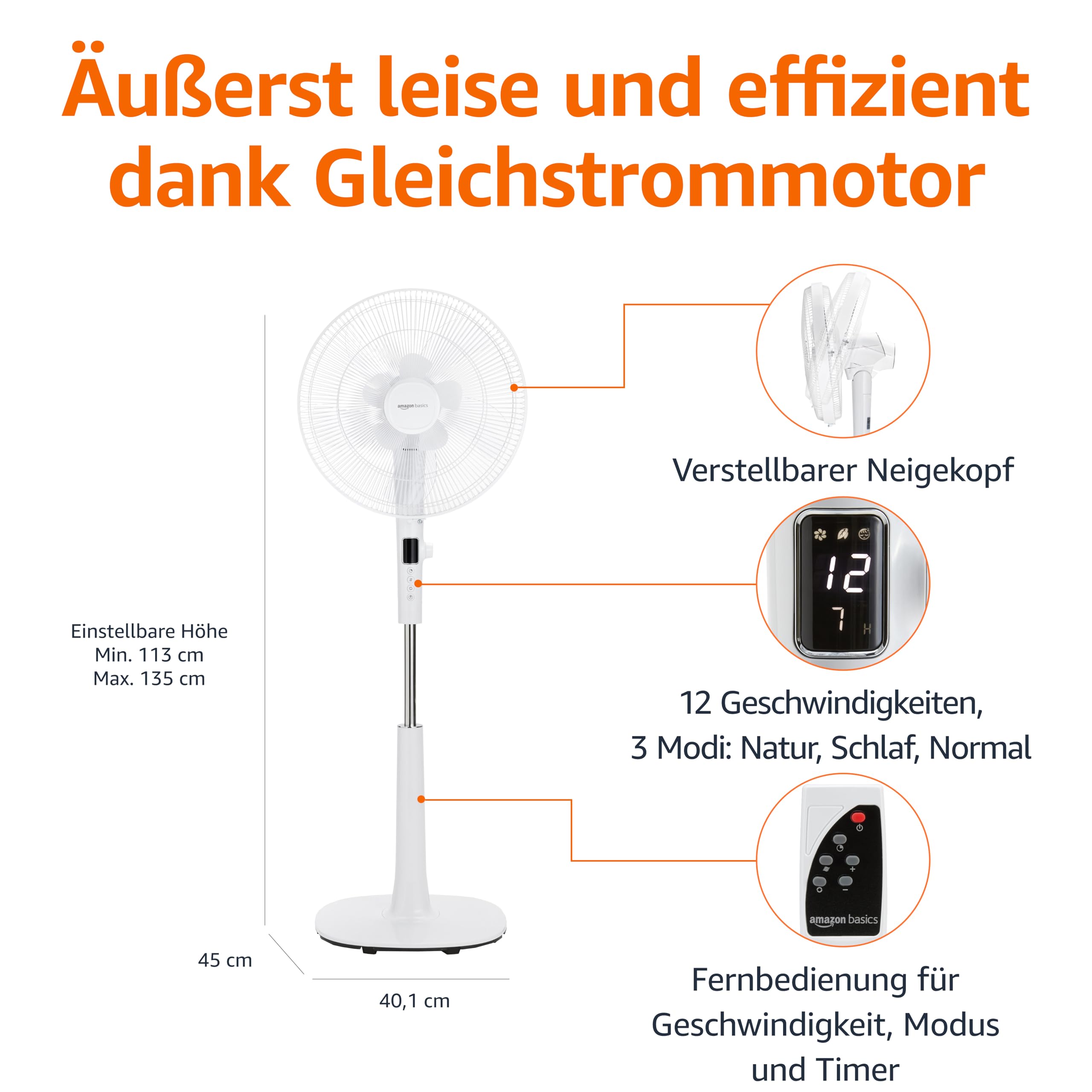Amazon Basics Standventilator 40 cm mit DC-Motor, 12 Geschwindigkeiten und Fernbedienung, 3 Windmodi, Doppelschicht-Rotorblätter, Timer, Energieeffizient und Leiser DC-Motor (28W), Weiß