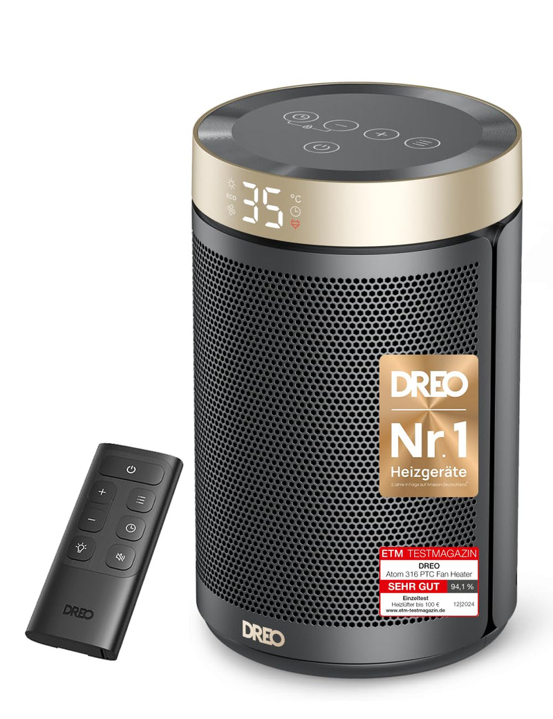 Dreo Energiesparender Heizlüfter, 34 dB Leiser 1500W Elektrischer PTC Keramik, Thermostat, Überhitzungs- & Kippschutz, 12 Std. Timer, Elektroheizung für Räume Schlafzimmer, Heater 316, Gold