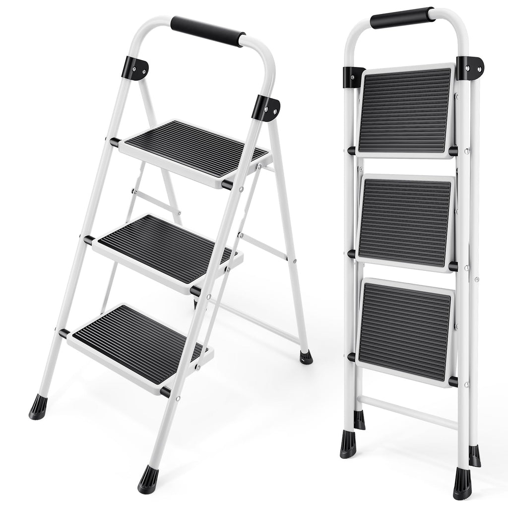 KINGRACK 3 Stufen Leiter, Trittleiter mit Handläufen, Stufenleiter, Klappleiter Tritthocker, Klapptritthocker für Erwachsene mit Griff, Haushaltsleiter Anti-Rutsch-stabilem und breitem Pedal, weiß
