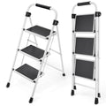 KINGRACK 3 Stufen Leiter, Trittleiter mit Handläufen, Stufenleiter, Klappleiter Tritthocker, Klapptritthocker für Erwachsene mit Griff, Haushaltsleiter Anti-Rutsch-stabilem und breitem Pedal, weiß