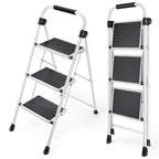 KINGRACK 3 Stufen Leiter, Trittleiter mit Handläufen, Stufenleiter, Klappleiter Tritthocker, Klapptritthocker für Erwachsene mit Griff, Haushaltsleiter Anti-Rutsch-stabilem und breitem Pedal, weiß