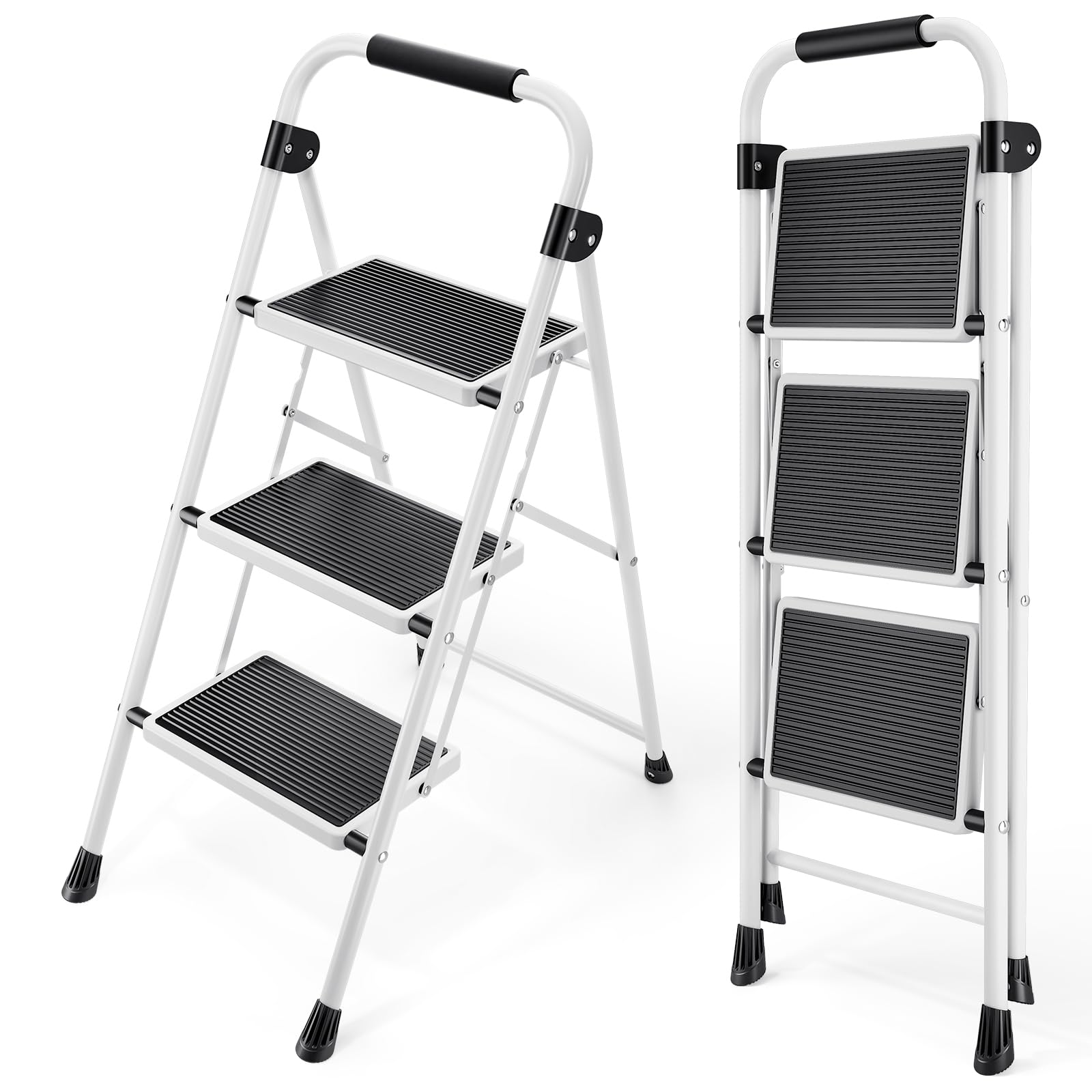 KINGRACK 3 Stufen Leiter, Trittleiter mit Handläufen, Stufenleiter, Klappleiter Tritthocker, Klapptritthocker für Erwachsene mit Griff, Haushaltsleiter Anti-Rutsch-stabilem und breitem Pedal, weiß