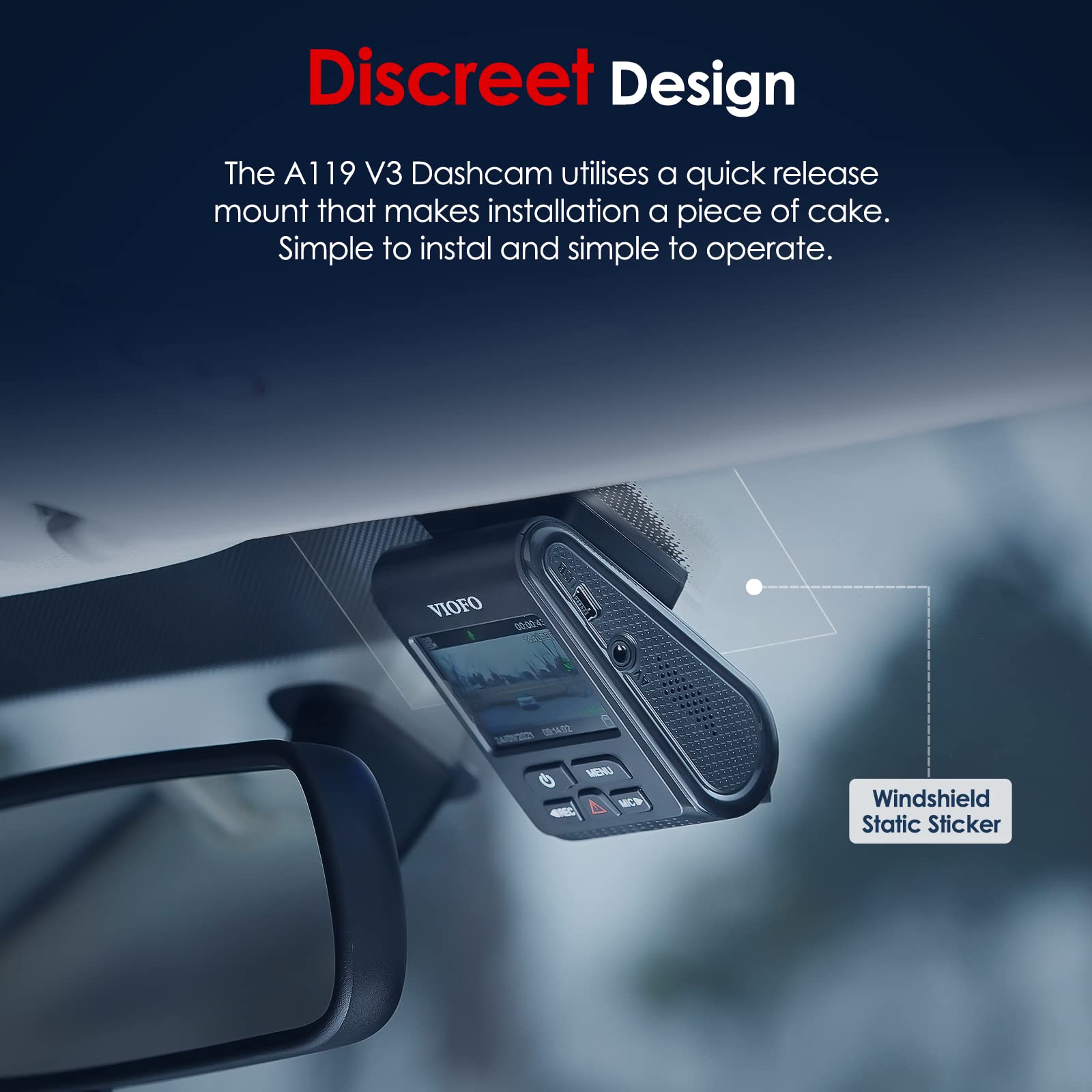 VIOFO A119 V3 Dashcam 2K 60fps mit GPS, 24 Std. Puffer Parkmodus Autokamera, Nur Frontscheibe 2560x1600P, Quad HD IMX355 5MP Sensor HDR, Ultra Nachtsicht Mini Dash Cam, 140°Weitwinkel Auto Kamera