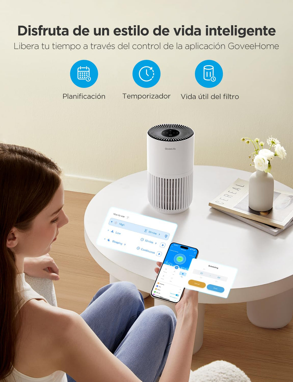 GoveeLife Mini-Luftreiniger fürs Schlafzimmer, intellig. HEPA-Filter mit Alexa-App-Steuerung gegen Tierhaare, Gerüche, Pollen, Rauch, Tragb. Luftreiniger mit 3 Geschwindigkeiten, 2 Modi, Timer, Aromen
